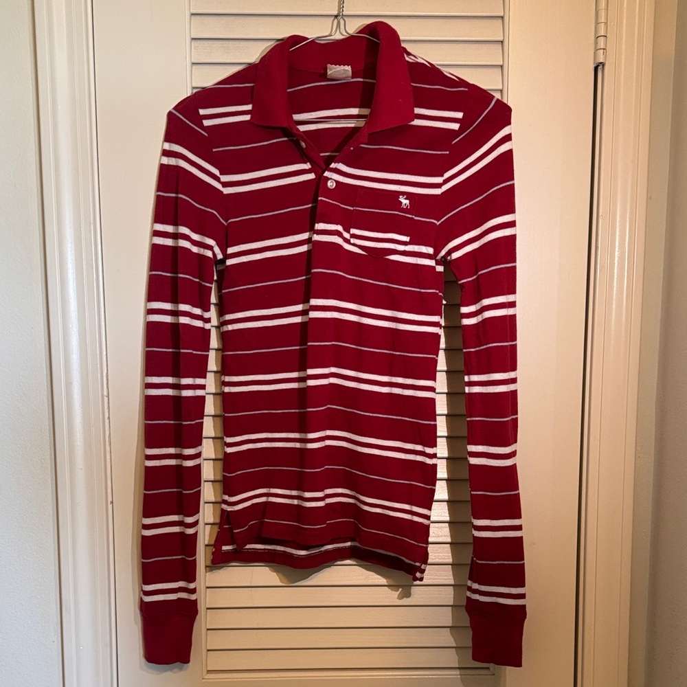 Abercrombie & Fitch Vintage Red & White Striped Long Sleeve Polo